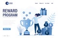 Reward program landing page template. Happy woman consumer holds in hand gift box. Earn Point concept. Loyalty,bonus program