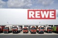 Trucks at REWE distribution center. Royalty Free Stock Photo