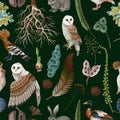 Rewild organic owl vector pattern with earthy moss root elements in raw seamless nature Royalty Free Stock Photo