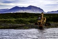 Reykhold, Southern Iceland, Iceland - July 31, 2019 - Construction Digger Along Small River Bank