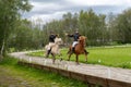 Reykholt, Iceland - 06.24.2023: Two horse riders clinking beer mugs while riding icelandic horses. Icelandic horse show. Beer tolt