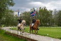 Reykholt, Iceland - 06.24.2023: Two horse riders holding flags of Iceland while riding icelandic horses. Icelandic horse show