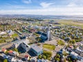 Reykjavik city scape frop the top with Hallgrimskirkja church. Aerial photo