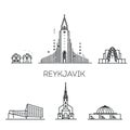 Reykjavik detailed monuments silhouette. Vector illustration