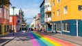 The Klapparstigur pedestrian street painted with the gay pride colors in Reykjavik, Iceland.