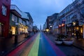 Reykjavik, Iceland - 01.19.2020 : Colorful rainbow walking street of Rekjavik city center with shops in the evening