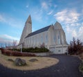 Hallgrimskirkja Cathedral Reykjavik Iceland seen from the back at sunset Royalty Free Stock Photo