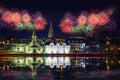 Reykjavik (Iceland) with fireworks during New Year\'s celebration Royalty Free Stock Photo