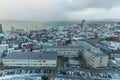 aerial view of beautiful icelandic city with houses and vehicles located on seashore, Reykjavik, Iceland Royalty Free Stock Photo
