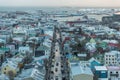 aerial view of cars on streets and rooftops of colorful buildings in Reykjavik, Iceland Royalty Free Stock Photo