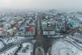 aerial view of traffic on streets and rooftops of beautiful houses in Reykjavik, Iceland Royalty Free Stock Photo