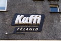 Sign and logo for Kaffi Felagid, a coffee shop cafe in downtown Iceland Royalty Free Stock Photo