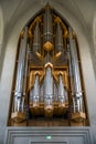 Vertical interior view of the iconic HallgrÃÂ­mskirkja church`s large pipe organ, built by the Royalty Free Stock Photo