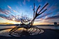 Modern Metal Sculpture Resembling to a Viking Long Ship, The Sun Voyager in Reykjavik Harbor