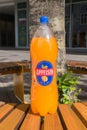 Bottle of Egils Appelsin. Appelsin is a fizzy orange-flavored soft drink, manufactured by Egill Skallagrimsson Brewery in Iceland Royalty Free Stock Photo