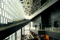 Reykjavik, Iceland - June 21, 2019 - The interior and glass ceilings inside of Harpa, the concert hall and conference center