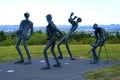 Reykjavik, Iceland - June 21, 2019 - The sculptures of dancing musicians outside Perlan, the planetarium and exhibition center