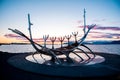 Reykjavik, Iceland Ã¢â¬â June 22, 2019 : symbol of Reykjavik, famous sculpture Sun Voyager viking ship on the seafront on harbor