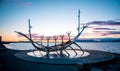 Reykjavik, Iceland Ã¢â¬â June 22, 2019 : symbol of Reykjavik, famous sculpture Sun Voyager viking ship on the seafront on harbor