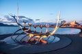 Reykjavik, Iceland Ã¢â¬â June 22, 2019 : symbol of Reykjavik, famous sculpture Sun Voyager viking ship on the seafront on harbor