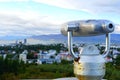 Reykjavik, Iceland - June 21, 2019 - The telescope at the observation deck of Perlan the planetarium to view the city on a summer