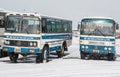 Old tourist buses on a snowy winter day