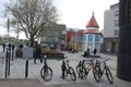 Reykjavik Iceland, May 13 2018: Bikes neaty lined up in a shopping district in the city. Reykjavik is a very walking or