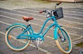 Reykjavik, Iceland - October 12, 2017: blue bicycle with basket. Bike on parking. Transport and transportation. Travel