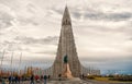 Reykjavik, Iceland - October 12, 2017: hallgrimskirkja church and people on cloudy sky. Cathedral building with concrete