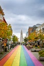 People walking through famous Rainbow street in Reykjavik, Iceland