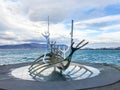 Reykjavik in Iceland Sun Voyager sculpture metal boat viking symbol in front of sea