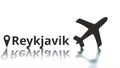 Reykjavik text with city geotag and plane icon. Destination concept