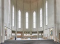 The interior of HallgrÃÂ­mskirkja, a church in ReykjavÃÂ­k completed in 1986, is spare and dramatic