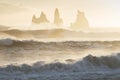 Reynisdrangar rock formations at Cape Dyrholaey, village of Vik i Myrdal. Amazing Iceland nature seascape popular tourist attracti