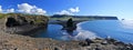 Landscape Panorama of Reynisfjara Beach and Reynisdrangar Seastacks, Dyrholaey, Southern Iceland