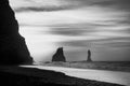 Reynisfjara black sand beach and Reynisdrangar rock formation, Iceland - Black and white Royalty Free Stock Photo