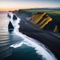 Reynisfjara Vik in is a black sand beach with enormous cinematic aerial Stunning Icelandic shoreline as seen from