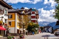 Rezia street Strada Rezia with hotels and shops. Ortisei, Valgardena, Italy Royalty Free Stock Photo