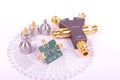RF mixer electronics PCB in front of Smith chart and other microwave measurement tools and symbols Royalty Free Stock Photo