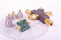 RF mixer electronics PCB in front of Smith chart and other microwave measurement tools and symbols Royalty Free Stock Photo