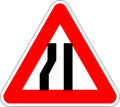 Road narrows on both sides sign vector illustration. Drawing of of triangular hazard road sign for road narrows on both sides.