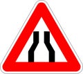 Road narrows on both sides sign vector illustration. Drawing of of triangular hazard road sign for road narrows on both sides. Royalty Free Stock Photo