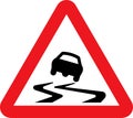 Vector illustration of the slippery road traffic sign. Drawing of triangular hazard road sign for slippery road.