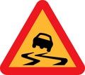 Vector illustration of the slippery road traffic sign. Drawing of triangular hazard road sign for slippery road.