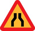 Narrow road ahead traffic sign vector icon - yellow and red colored Royalty Free Stock Photo