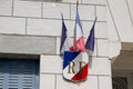 Rf text french means france republic on city hall with france flag on outdoor facade building wall in town