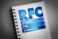 RFC- Request for Comments acronym on notepad, concept background Royalty Free Stock Photo