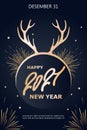 Happy New Year 2021. Deer antlers, branches and fireworks. Vertical template for invitation, cover, poster, banner, flyer Royalty Free Stock Photo