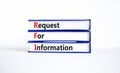 RFI request for information symbol. Concept words RFI request for information on books on a beautiful white table, white Royalty Free Stock Photo