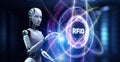 RFID Radio Frequency Identification Enhancing Inventory Management Illustrated with a Robot Pressing a Button on a Virtual Screen